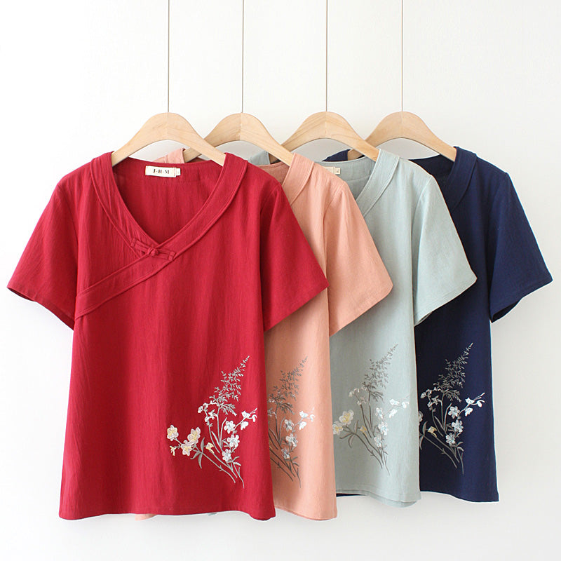 Plus Size Floral Embroidered Cheongsam Short Sleeve Top (EXTRA BIG SIZE)