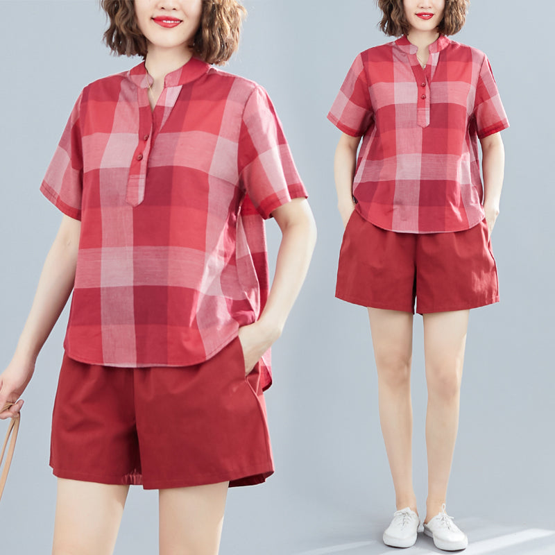 Plus Size Red V Neck Checked Short Sleeve Top With Shorts