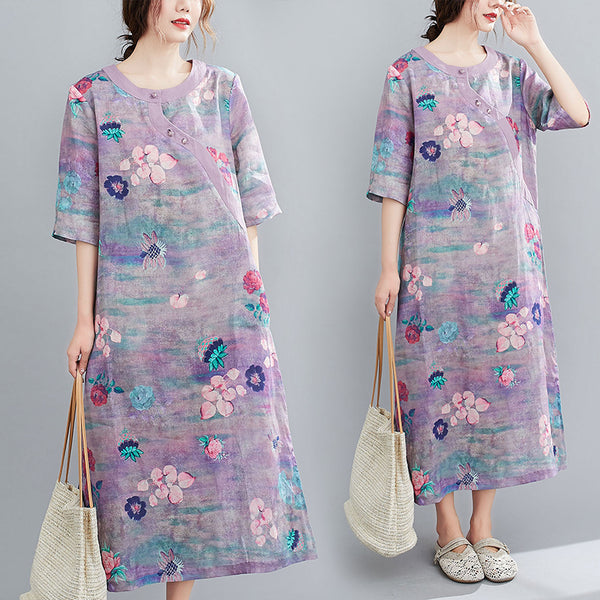 Plus Size Purple Floral Cheongsam Short Sleeve Midi Dress