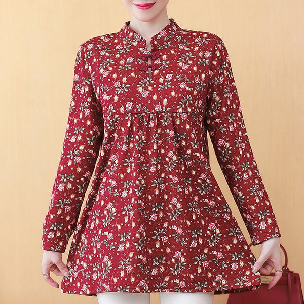 Plus Size Floral Cheongsam Long Sleeve Top