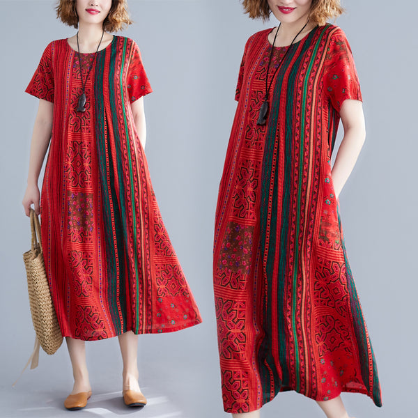 Plus Size Ethnic Stripes Red Short Sleeve Midi Dress