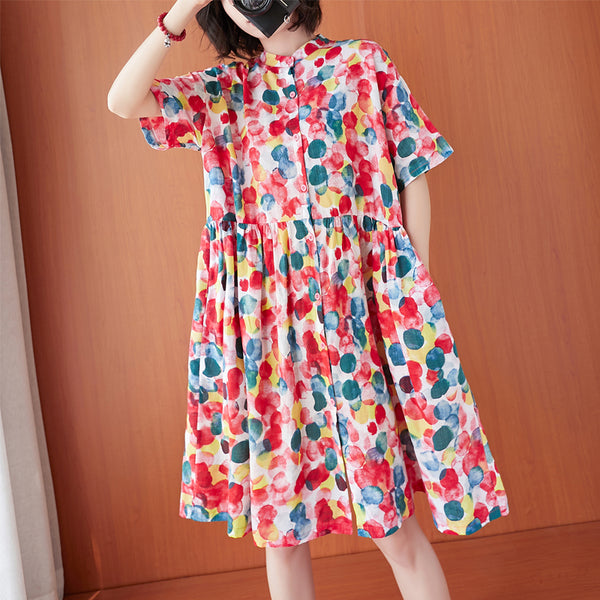 Plus Size Modern Polka Dots Mandarin Collar Short Sleeve Dress