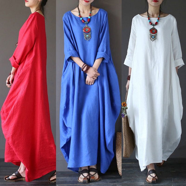 Plus Size Cotton Linen Loose Mid Sleeve Midi Dress / Long Sleeve Midi Dress