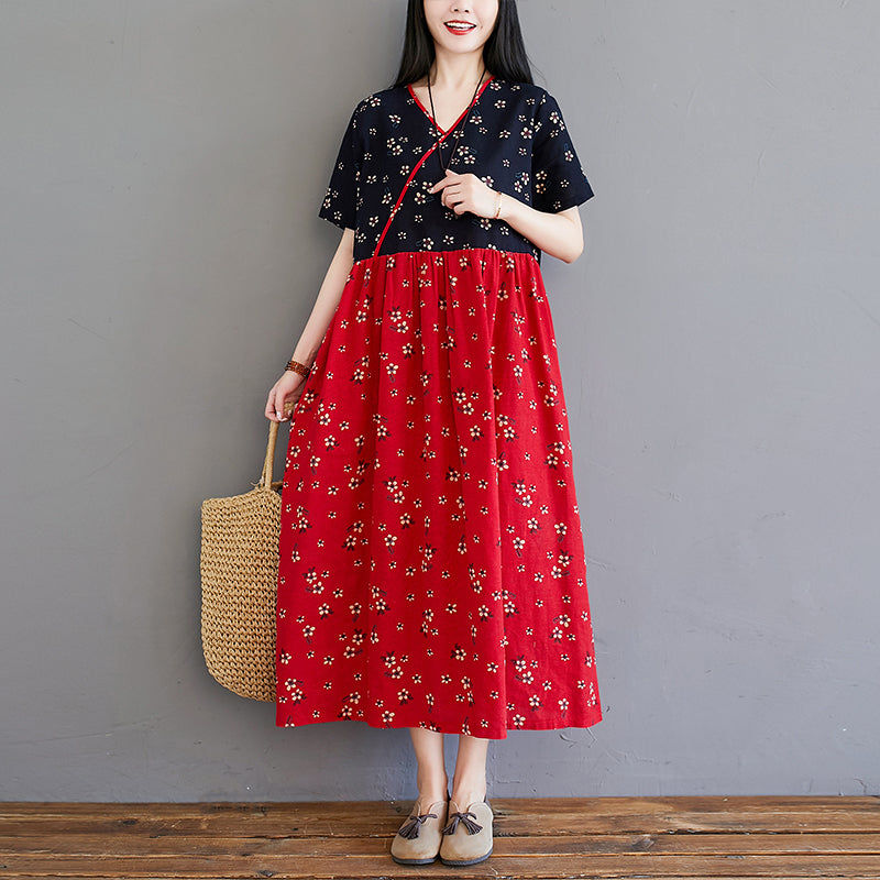 Plus Size Modern Colourblock Cheongsam Short Sleeve Midi Dress