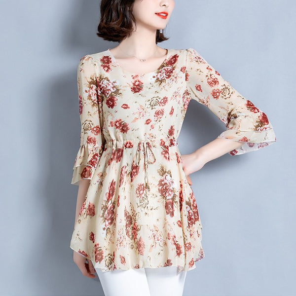 Plus Size Floral Chiffon Babydoll Mid Sleeve Top