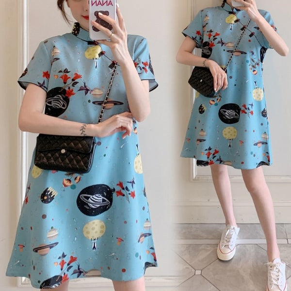 Plus Size Blue Modern Print Cheongsam Short Sleeve Dress
