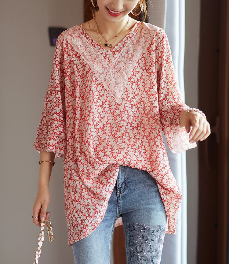 Plus Size Long Red Floral Lace Chiffon Short Sleeve Top