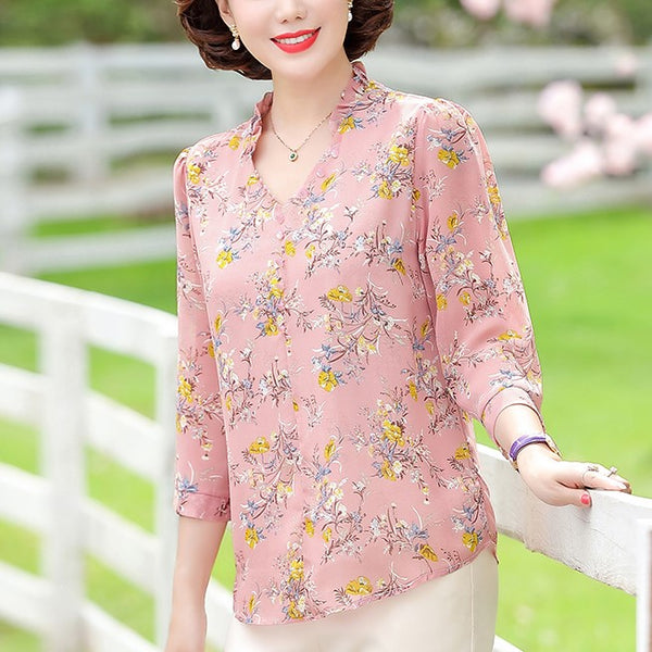 Plus Size V Neck Frill Floral Chiffon Mid Sleeve Top