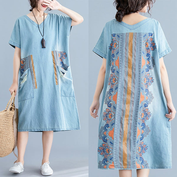 Plus Size Ethnic Denim Pockets V Neck Midi Dress