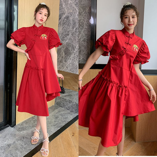 Plus Size Red Cherry Irregular Cheongsam