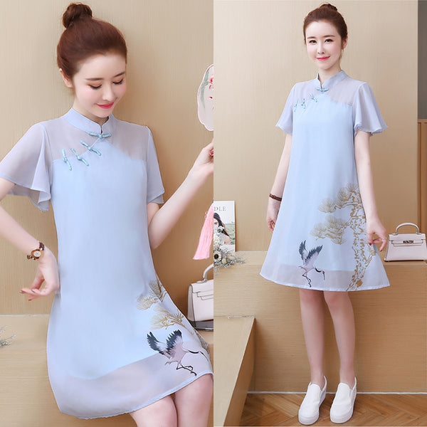 Plus Size Blue Chiffon Chinese Bird Cheongsam