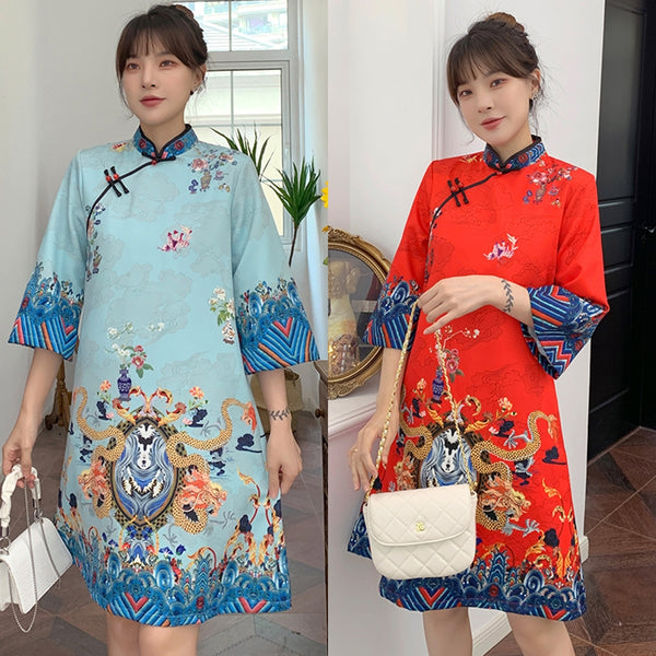 Plus Size Imperial Chinese Print Cheongsam