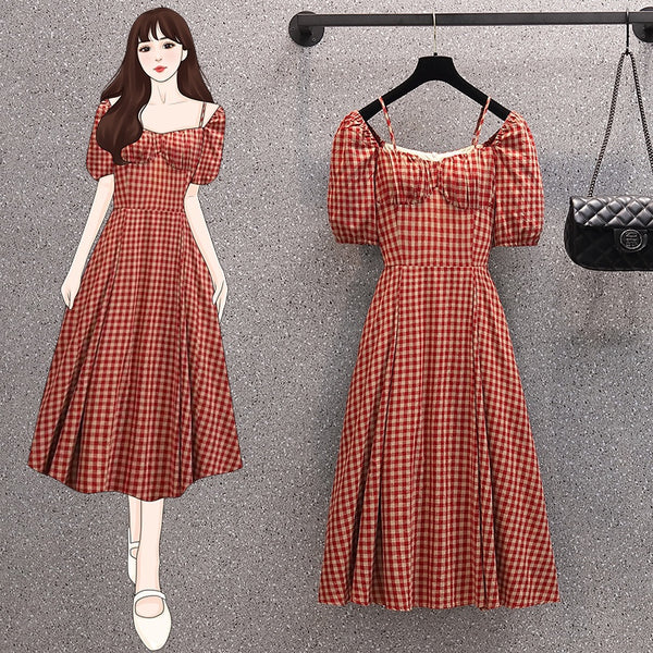 Plus Size Vintage Gingham Red Midi Dress