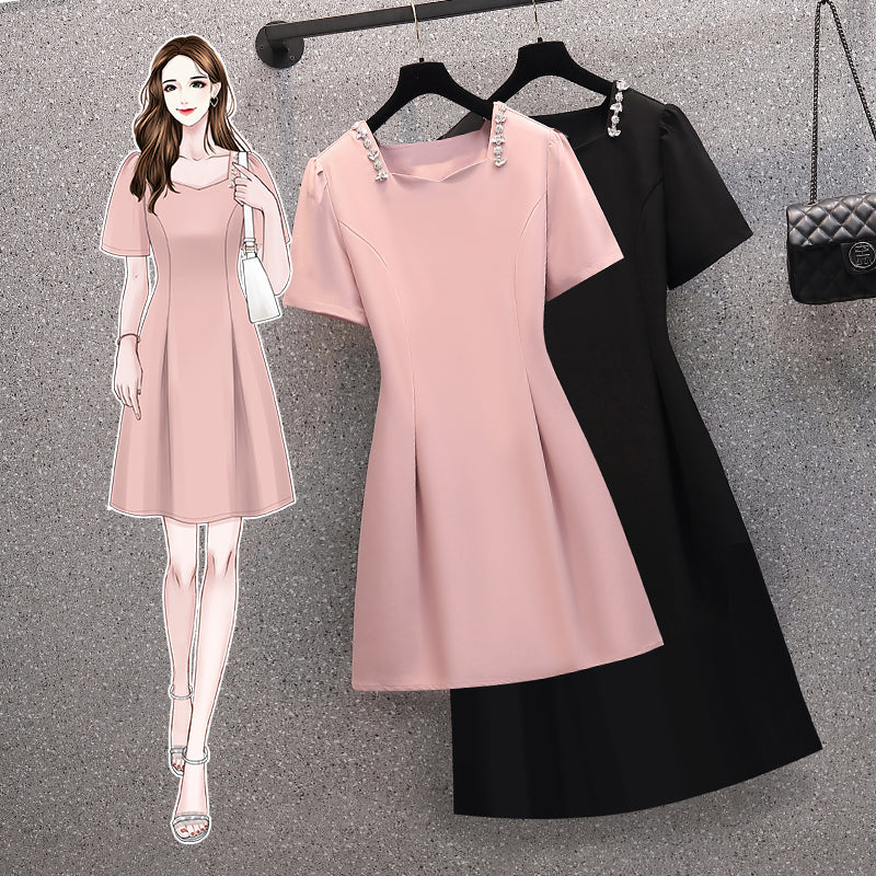 Plus Size Korean Diamante Square Neck Dress