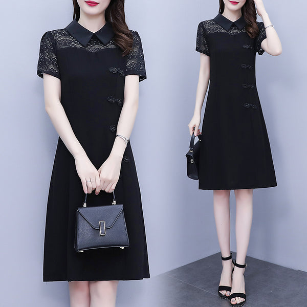 Plus Size Black Lace Collar Cheongsam Dress