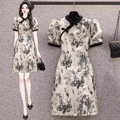 Plus Size Art Monochrome Qipao Short Sleeve Dress