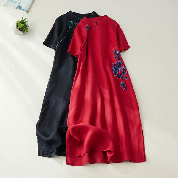 Plus Size Bamboo Embroidery Midi Qipao Dress