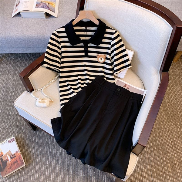 Plus Size Korean Bear Stripes Polo T Shirt and Shorts Set