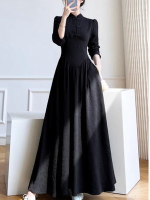 Plus Size Black Cheongsam Long Sleeve Dress