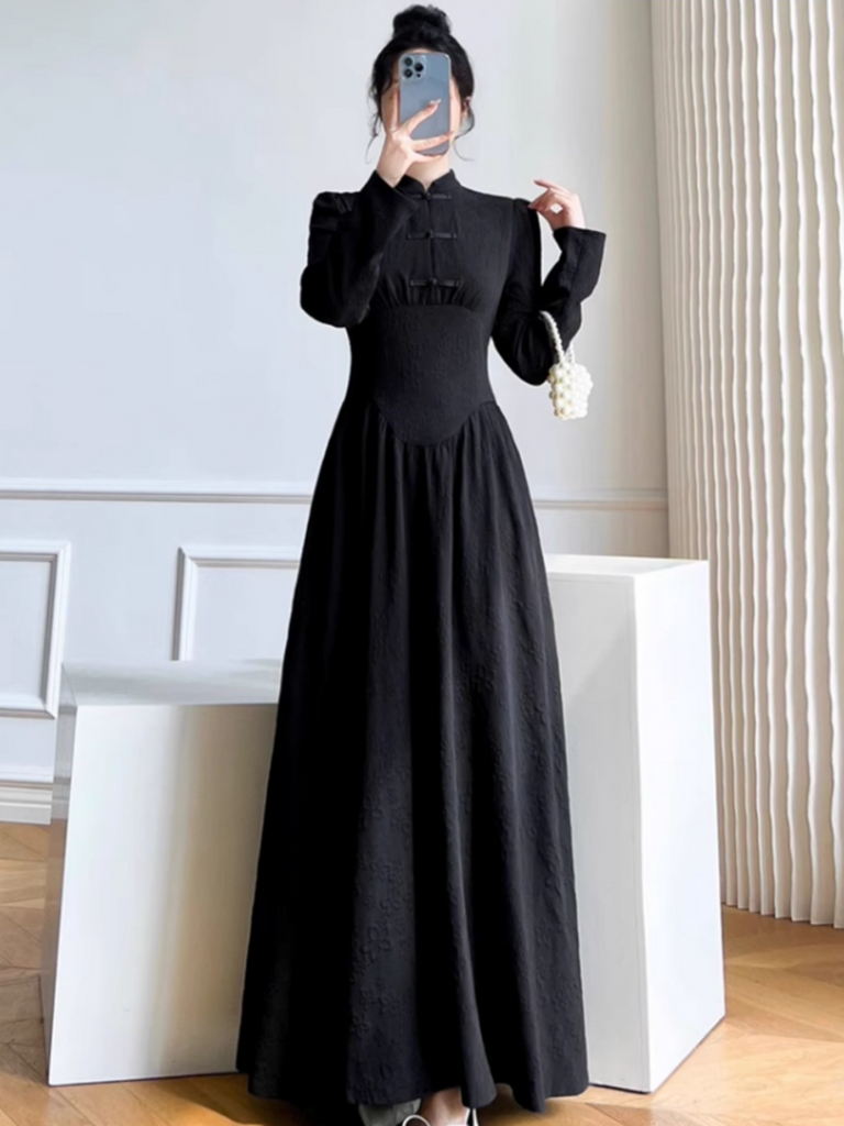 Plus Size Black Cheongsam Long Sleeve Dress – Pluspreorder