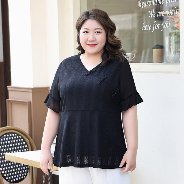 Plus Size Black Cheongsam Qipao Chiffon Top (EXTRA BIG SIZE)