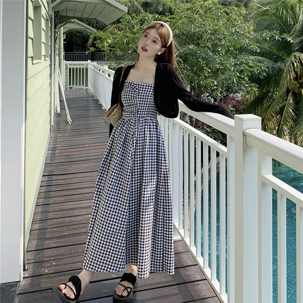 Plus Size Black Crop Cardigan and Vintage Gingham Tube Midi Dress Set