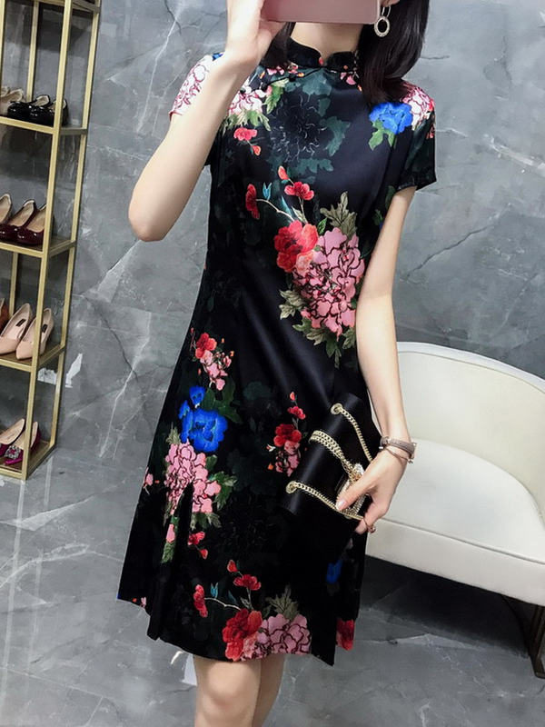 Plus Size Black Floral Cheongsam Dress