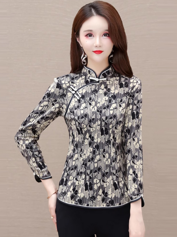 Plus Size Black Floral Cheongsam Long Sleeve Blouse