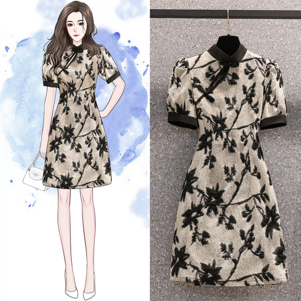 Plus Size Black Floral Qipao Dress