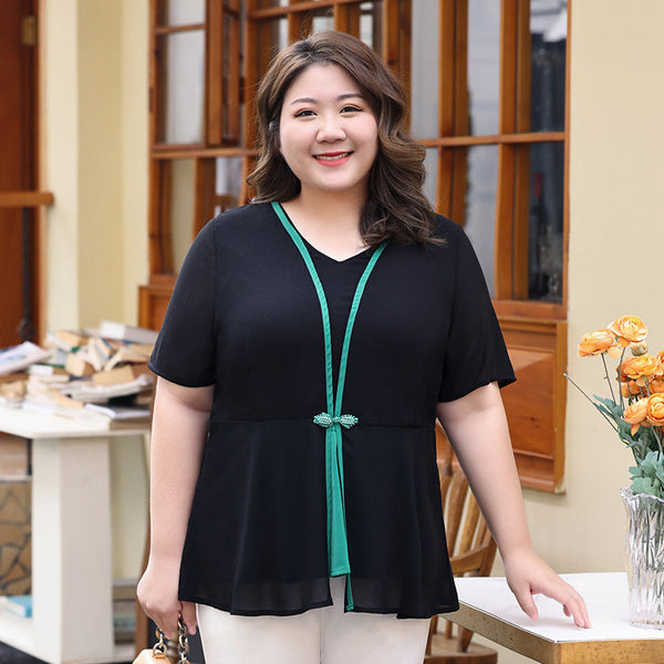 Plus Size Black Green Cheongsam Qipao Chiffon Top (EXTRA BIG SIZE)