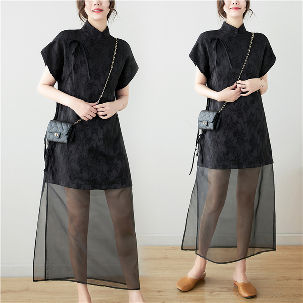 Plus Size Black See Through Hem Cheongsam Dress