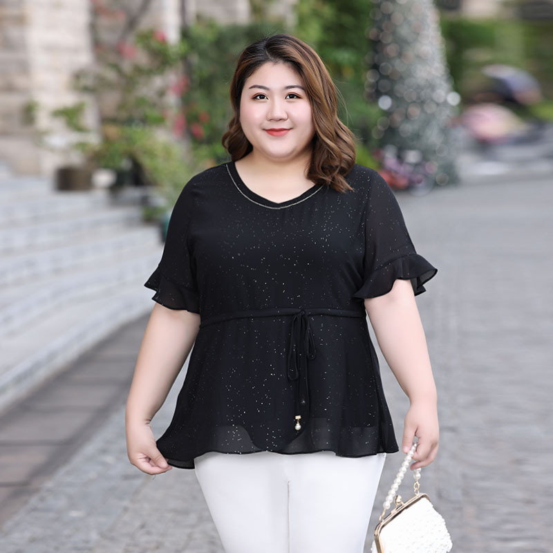 Plus Size Black Shimmer Round Neck Peplum Blouse (Extra Big Size)