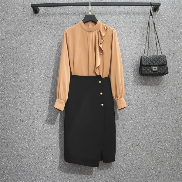 Plus Size Work Pearl High Neck Long Sleeve Blouse and Black Pencil Skirt Set