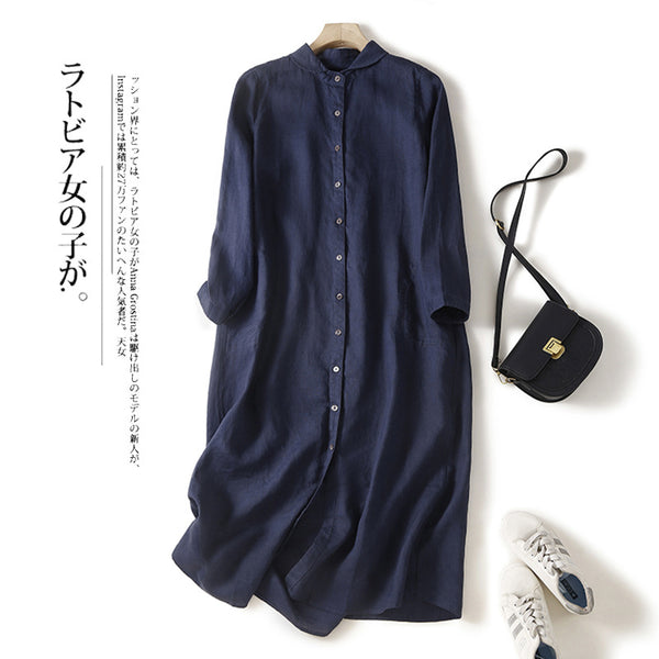 Plus Size Mandarin Collar Long Sleeve Tunic Shirt / Shirt Dress