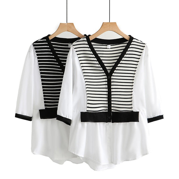 Plus Size Stripes Layer Mid Sleeve Blouse (EXTRA BIG SIZE)