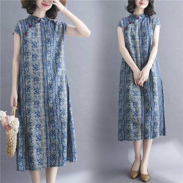 Plus Size Blue Cheongsam Short Sleeve Dress
