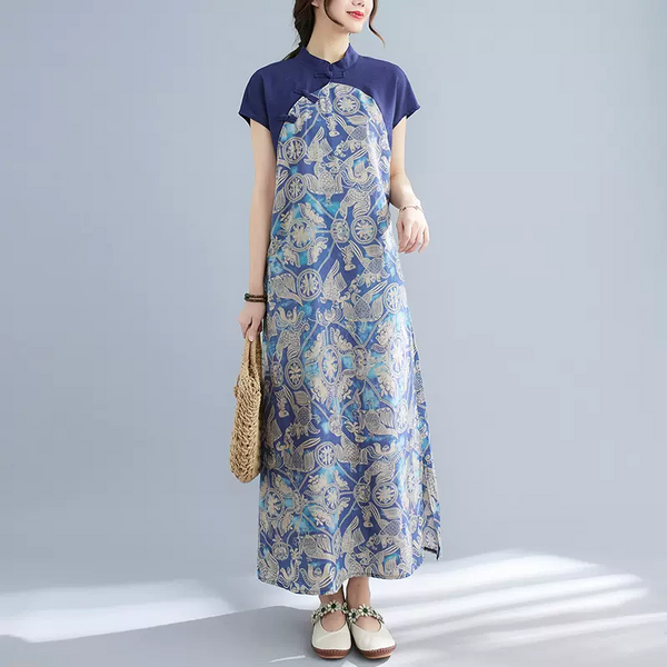 Plus Size Blue Layer Qipao Midi Dress