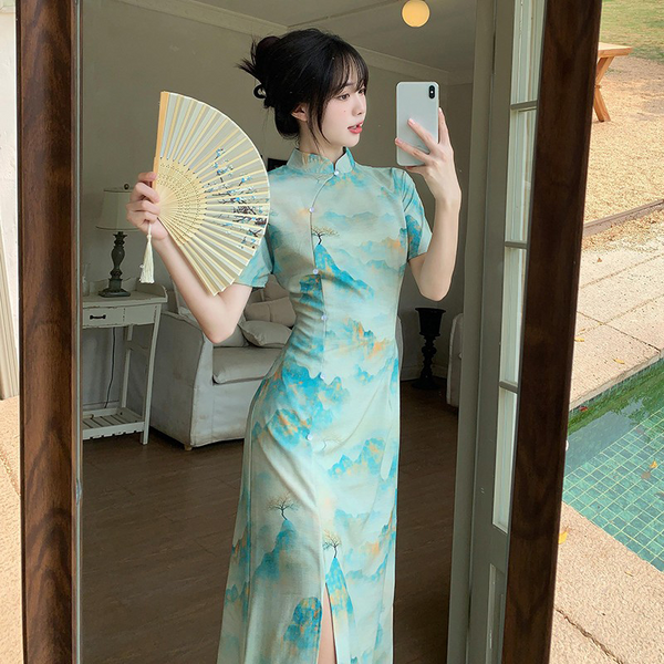 Plus Size Blue Midi Cheongsam Dress