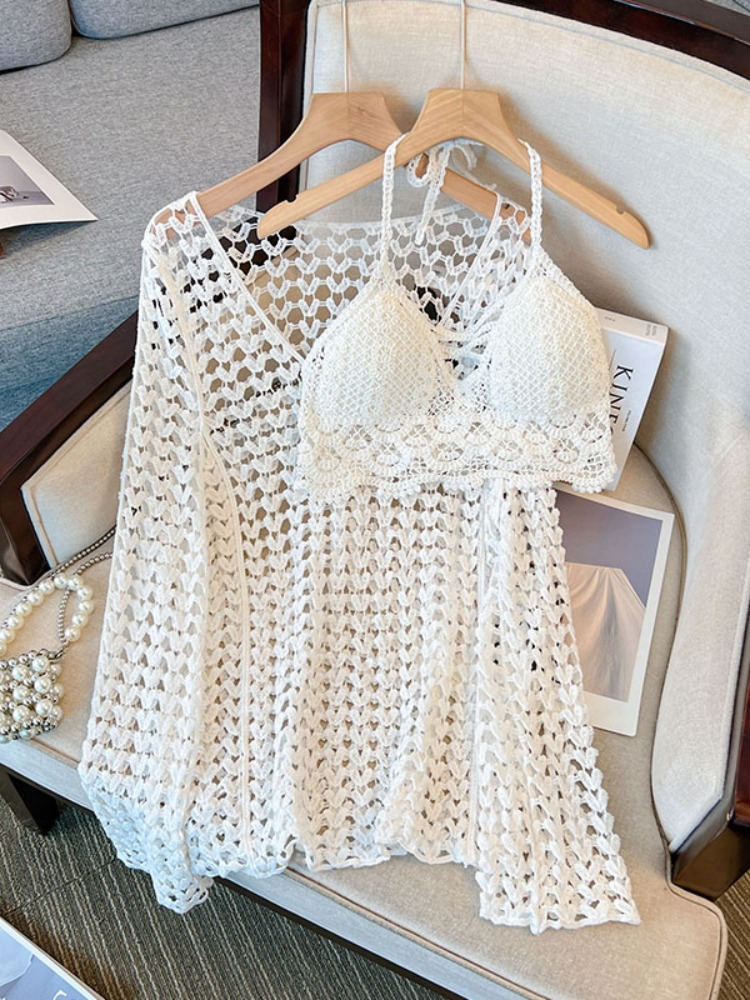 Plus Size Boho Lace Crochet Halter Crop Top And Outer Wear Long Sleeve Top Set