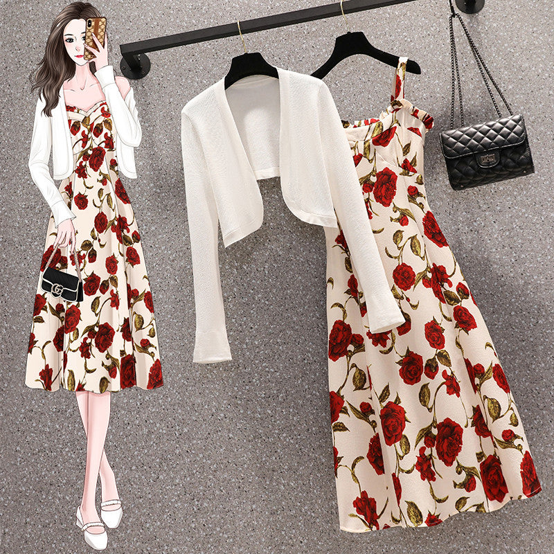 Plus Size White Bolero Cardigan and Rose Dress Set
