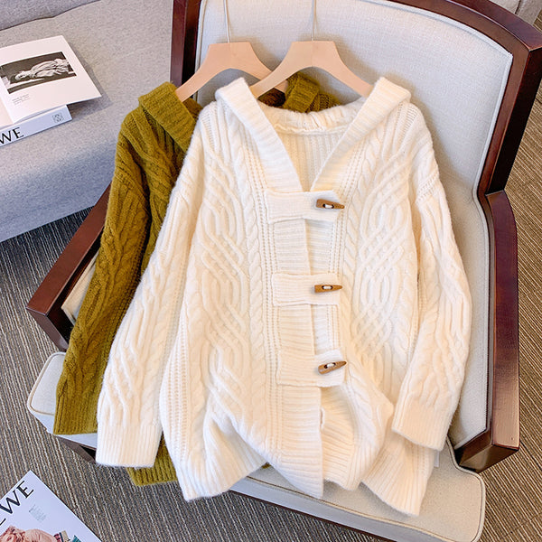 Plus Size Thick Cableknit Hooded Cardigan Jacket