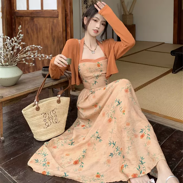 Plus Size Cardigan And Orange Oriental Halter Dress Set