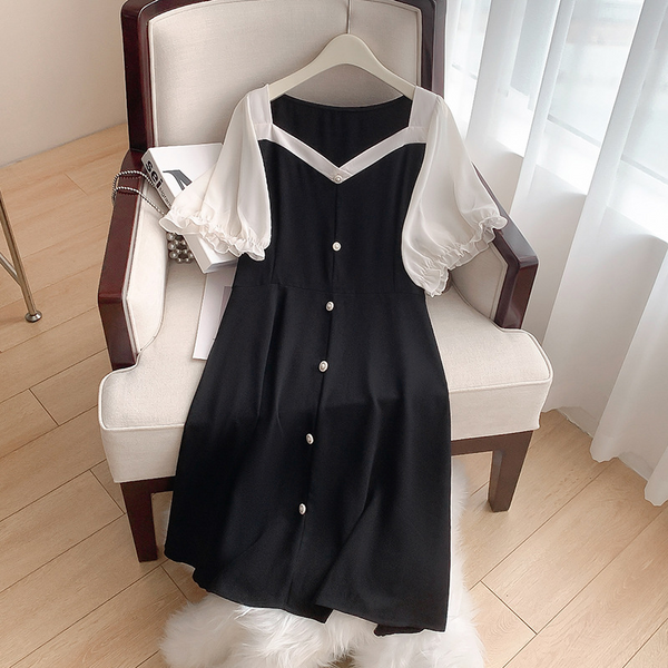 Plus Size Chanelesque Buttons Monochrome Short Sleeve Formal Dress (EXTRA BIG SIZE)