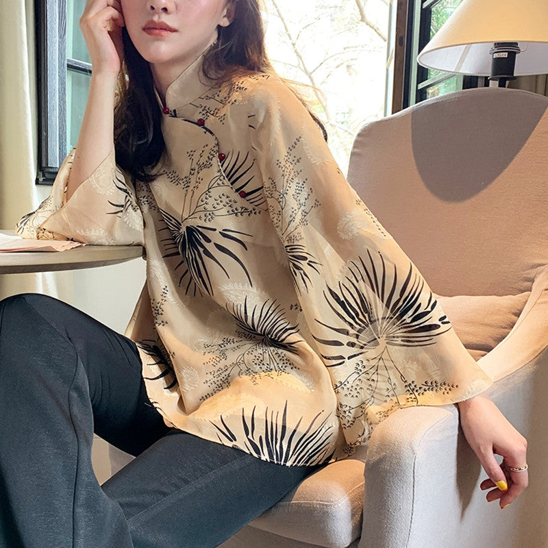 Plus Size Chinese Print Cheongsam Blouse