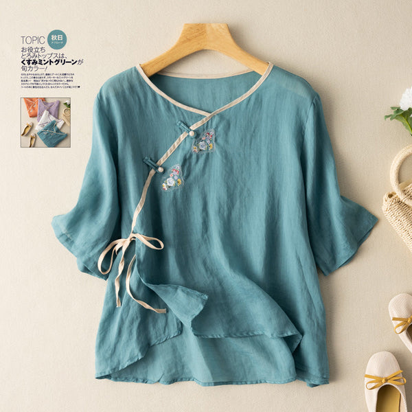 (Ready Stock TEAL XL - 1 Pc) Plus Size Little Embroidery Cheongsam Blouse