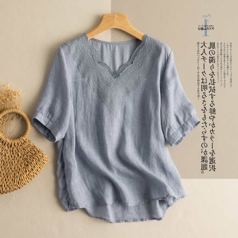 Plus Size Lace V Neck Loose Blouse