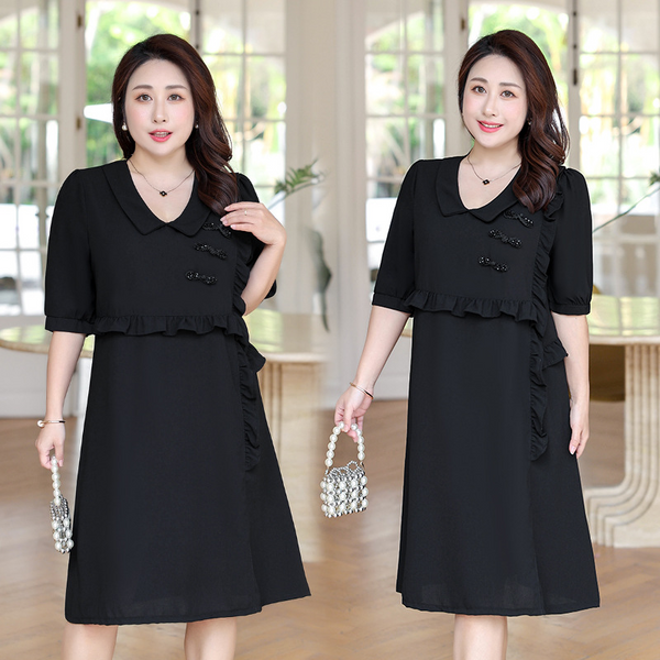 Plus Size Cheongsam Buttons Frill Black Dress (Extra Big Size)