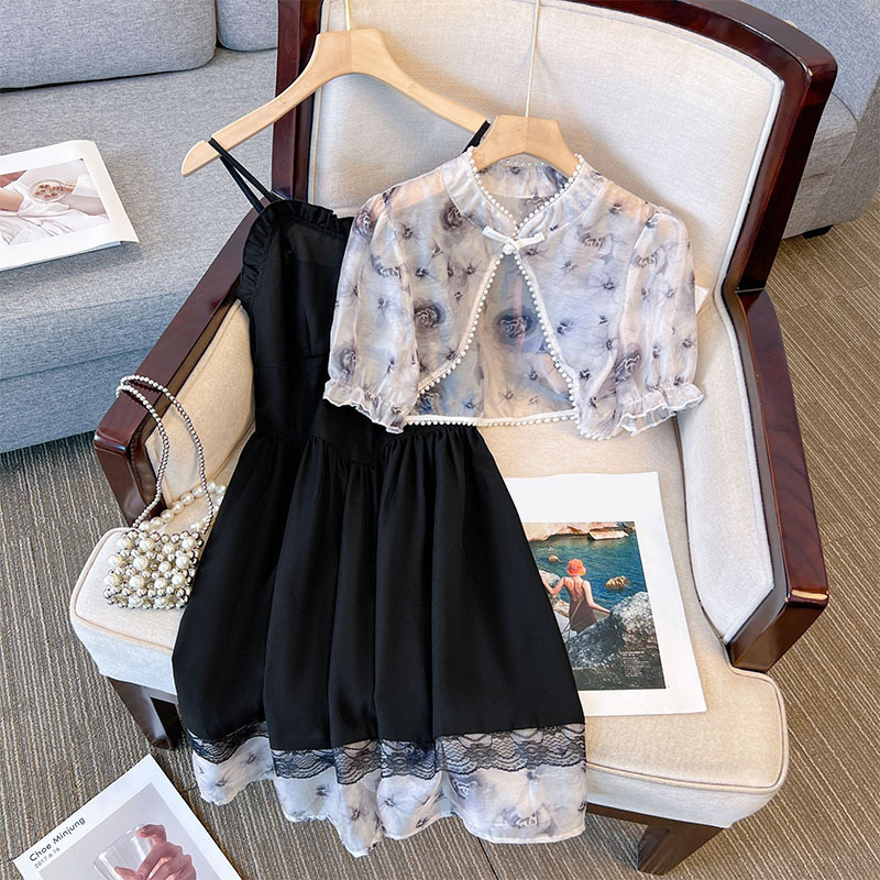 Plus Size Cheongsam Cape Jacket and Camisole Dress Set