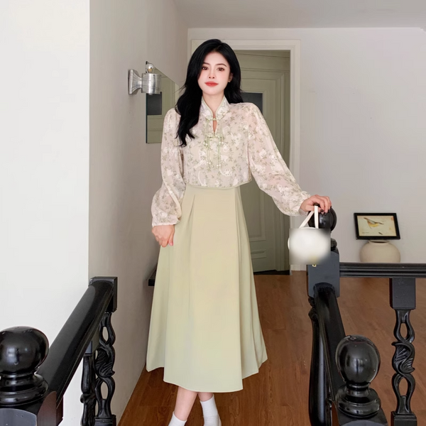 Plus Size Cheongsam Crop Top And Dress Set