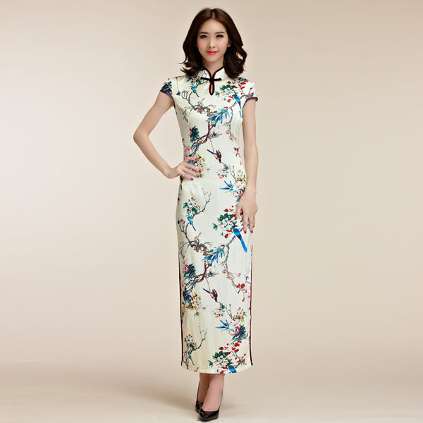 Plus size spring blossoms floral cheongsam maxi dress